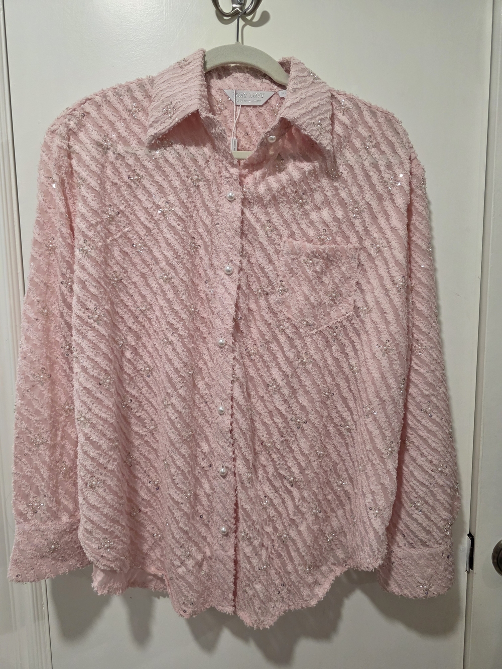 Pink Sequin Textured Button-Up Shirt And Shorts Set